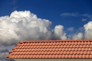 Tiled roof with a blue sky in the background