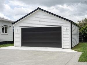 A gable roof on a garage