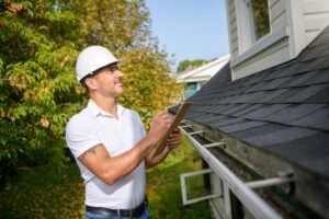 A roof inspector wearing a hard hat