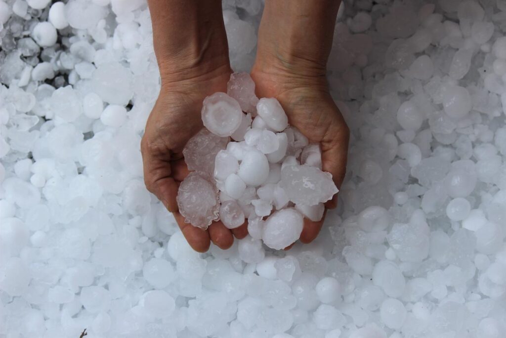 Hands holding golf ball-sized hail